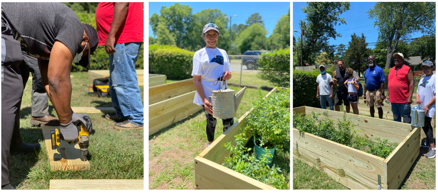 Touio founder Ali Hosseini and church pastor working together in the new community garden.